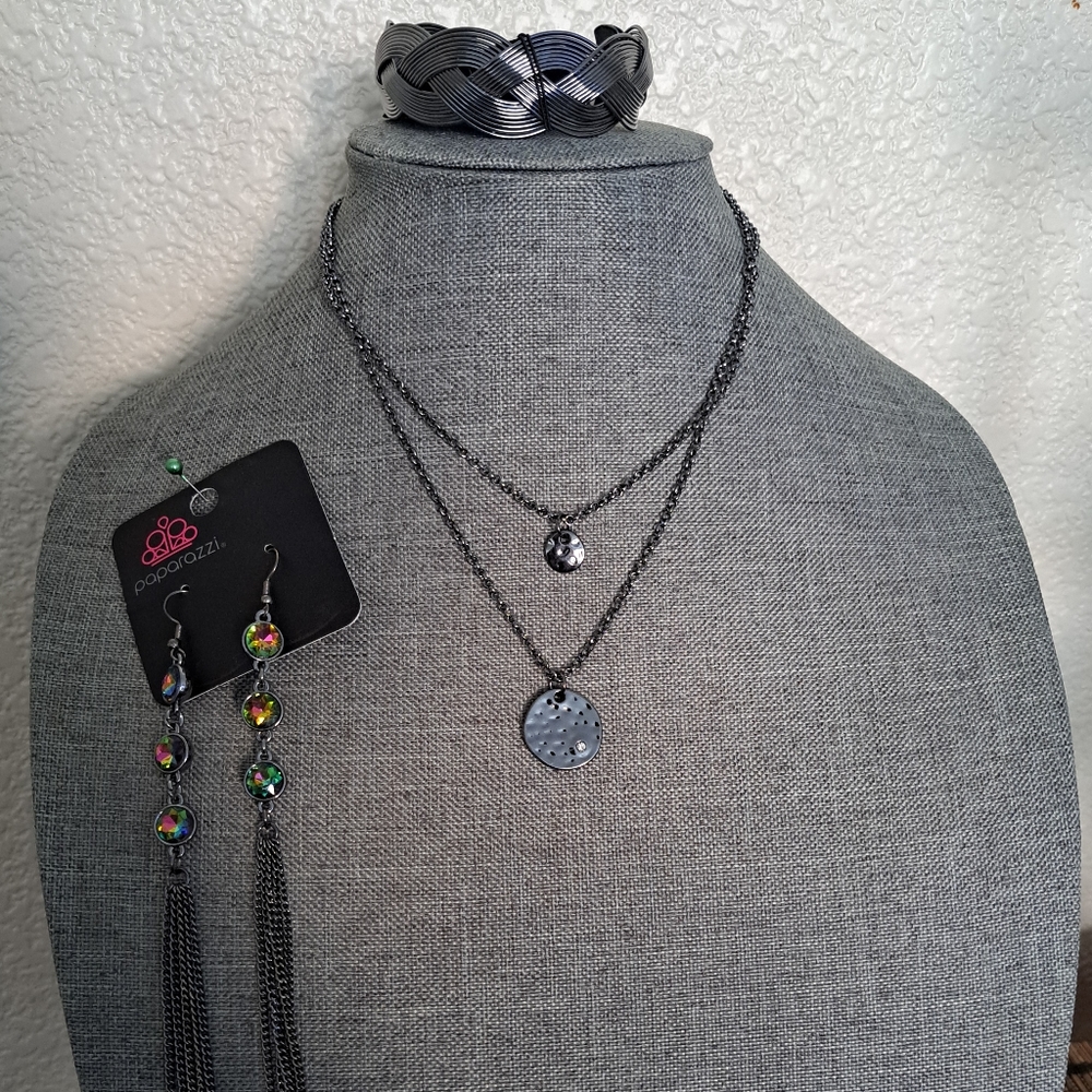 Paparazzi Jewelry Three Piece Black Metal Bundle, Necklace, Earrings, Bracelet